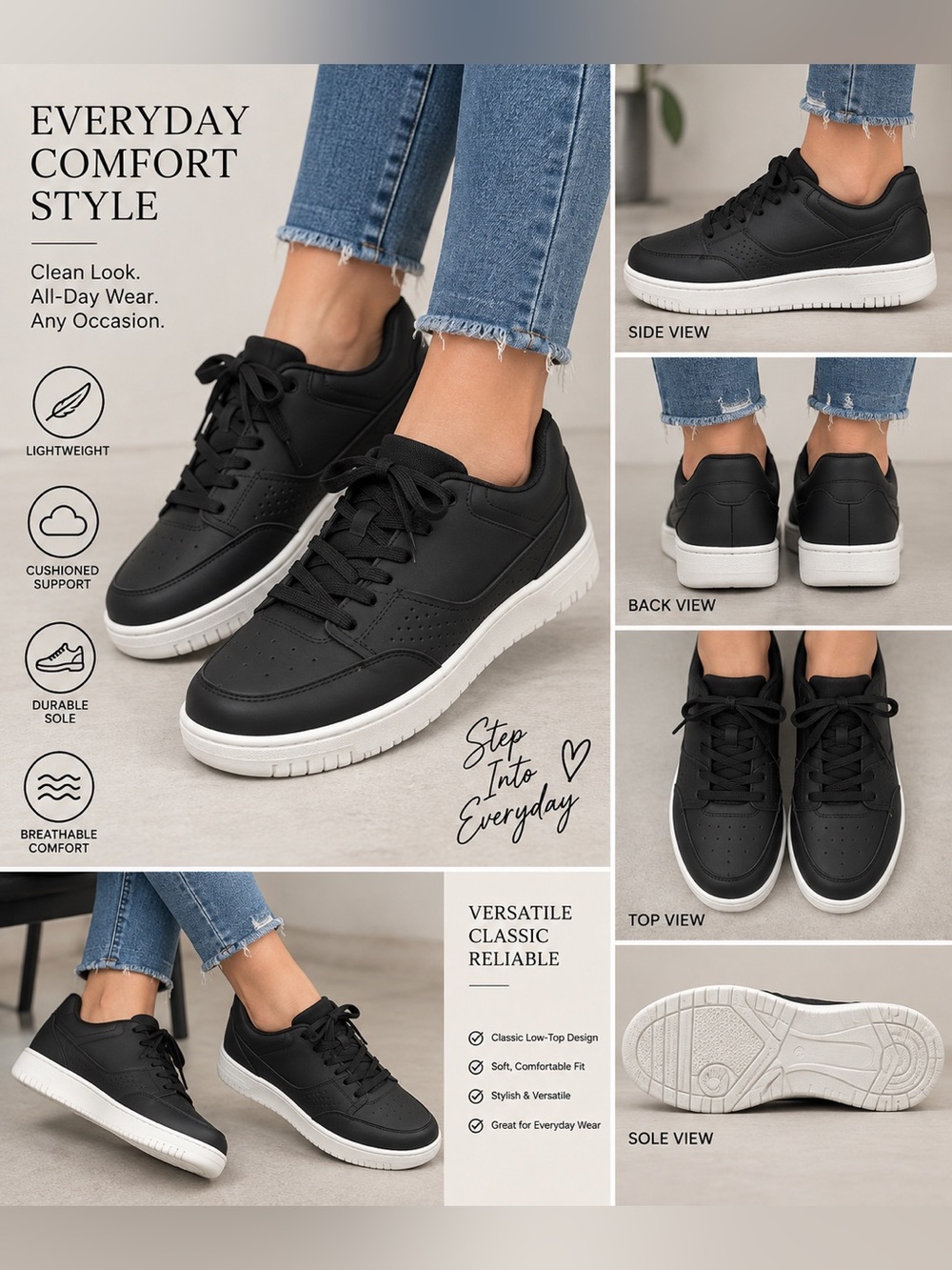 Classic Black Low-Top Sneakers for Women - Everyday Comfort